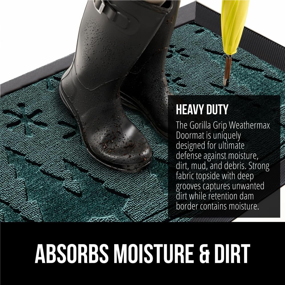 GORILLA GRIP 100% Waterproof All-Season WeatherMax Doormat 35x23, US Designed Natural Rubber, Stain and Fade Resistant, Low Profile Indoor Outdoor Door Mats, Easy Clean Patio Mat, Green Snowscape