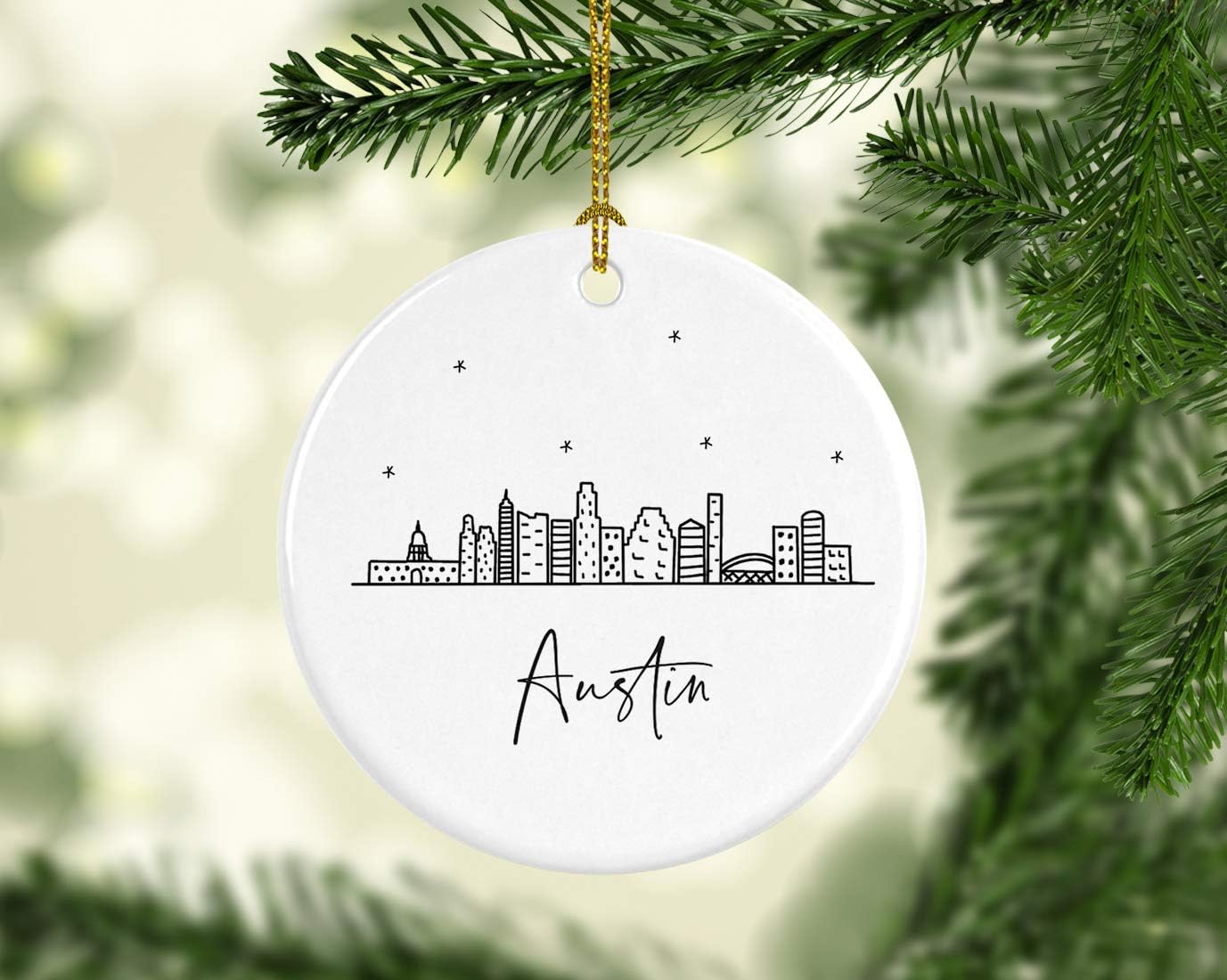 Andaz Press Round Ceramic Porcelain Christmas Tree Ornament Keepsake, Austin Black and White Stars City Skyline Graphic, 1-Pack, Birthday Gift Idea for Family Coworker Him Her, Includes Gift Box