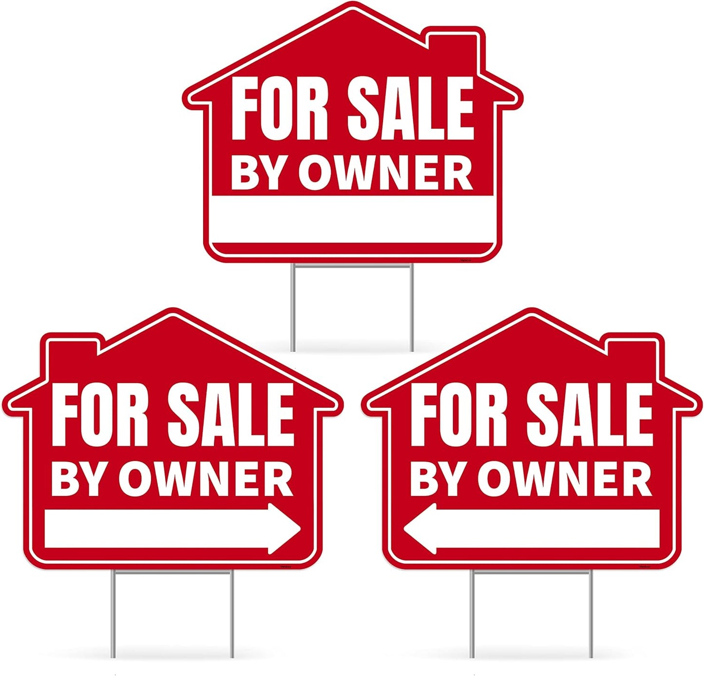 3PC For Sale By Owner Sign with Stakes, 17 Inches by 13 Inches - Double Sided Signs - Corrugated Plastic - FSBO Yard Sign for Home House Real Estate