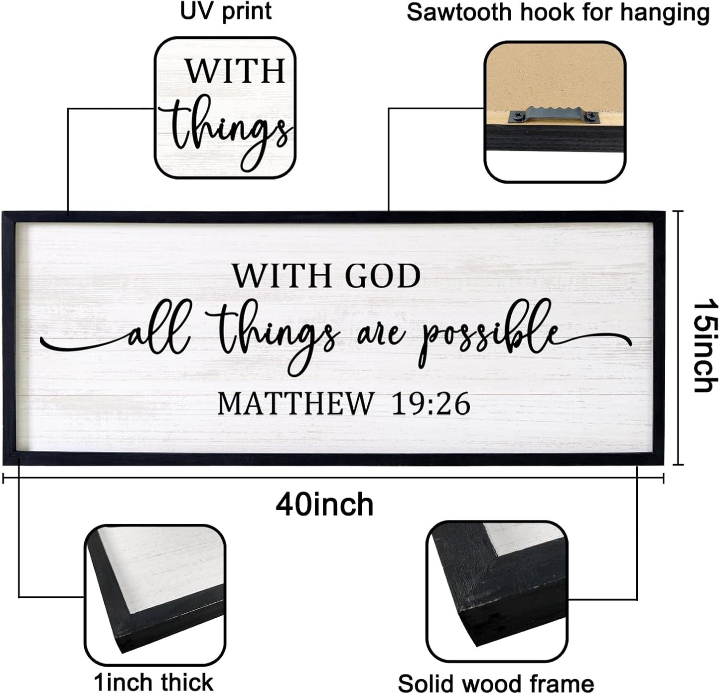 With God All Things are Possible Framed Wall Art, 40''×15'' Positive Holy Religious Rustic Bible Verse for Christian God Jesus Christ Prayer, Vintage Horizontal Inspirational Catholic Scripture Decor
