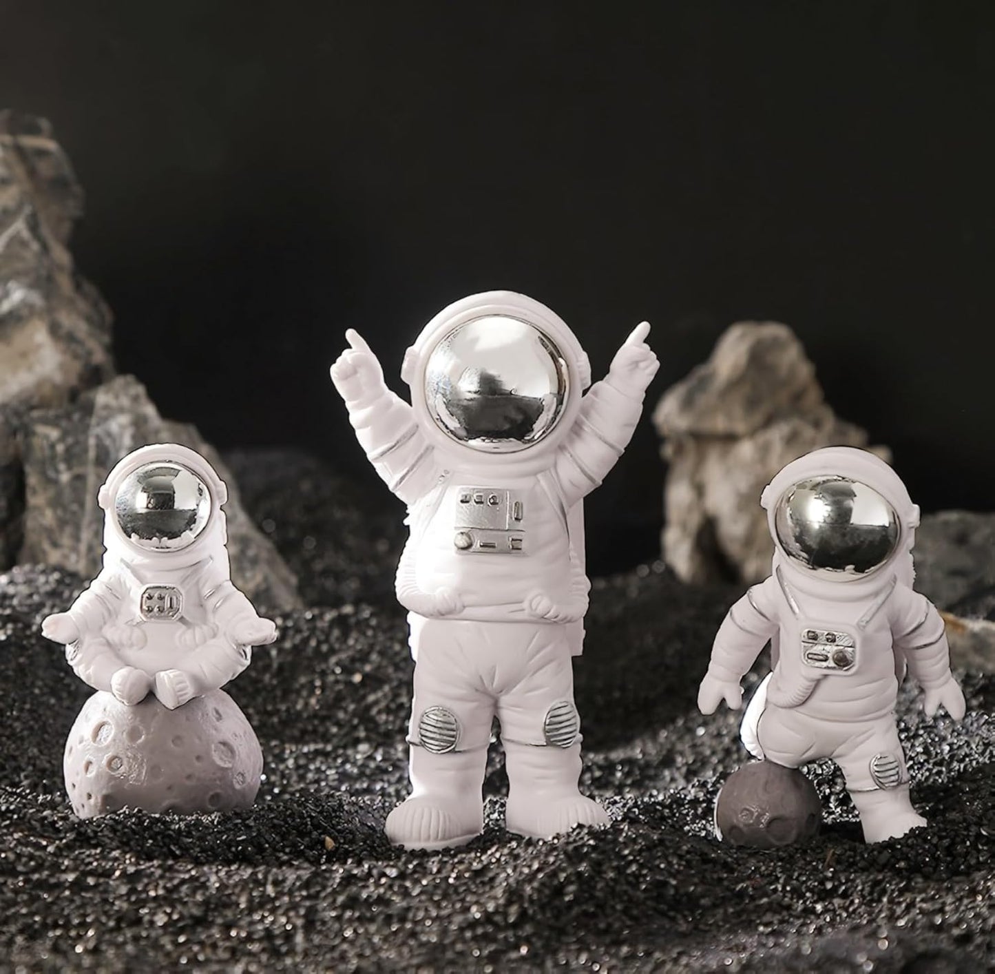 3 Pcs Silver White Astronaut Statues Set, Spaceman Sculpture Figurines Home Ornament Cake Toppers Gift