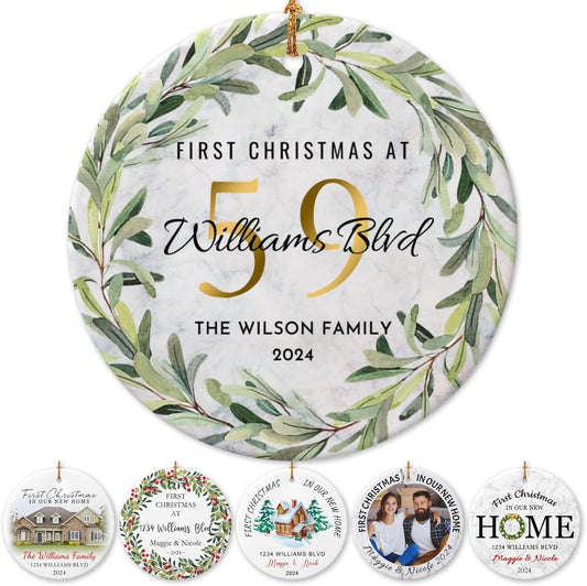 Personalized New Home Ornament 2025 w/Name & Address, Custom First Christmas in Our New Home Ornaments,Double-Sided Ceramic Customized New House Xmas Ornaments