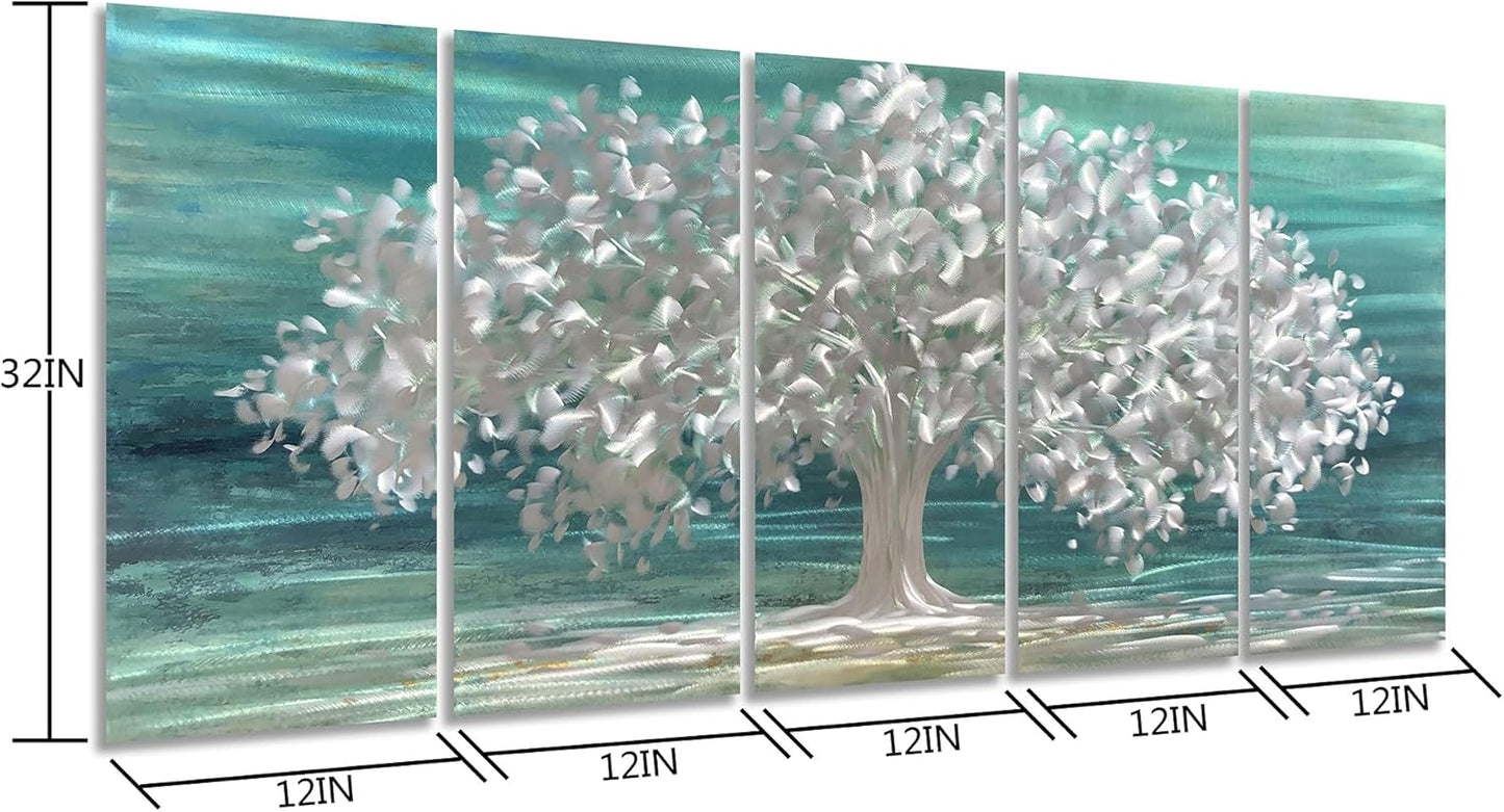 Yihui Arts Tree Of Life Metal Wall Art Handcrafted Aluminum Artwork Teal and Silver Abstract Nature Pictures in 5 Pieces for Living Room Bedroom Bathroom Decor