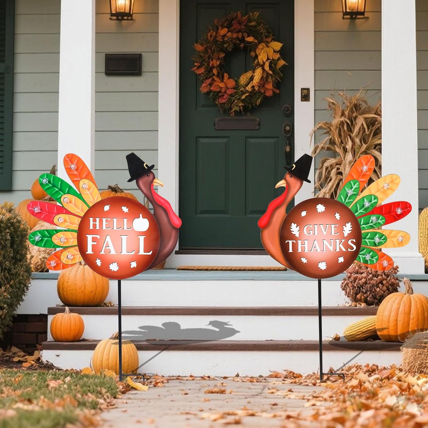 2 PCS Happy Fall Yard Signs Metal Thanksgiving Decorative Garden Stakes with Led Light Turkey Give Thanks Yard Stakes Fall Harvest Lawn Garden Lawn Pathway Decor