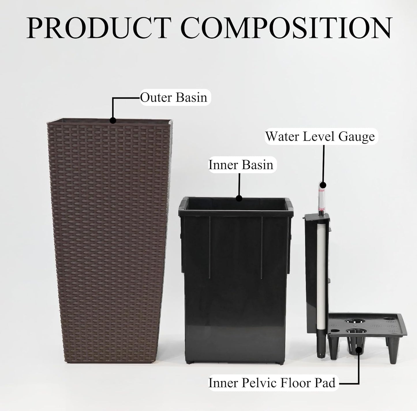 30in Tall Large Plant Pots Planter-Self-Watering Indoor/Outdoor Planting with Drain Holes, Water Level Monitor, Inner Bucket for Front Porch Patio, Brown Large