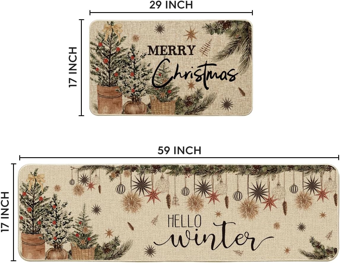Artoid Mode Holly Ornament Merry Christmas Kitchen Mats Set of 2, Winter Home Decor Low-Profile Kitchen Rugs for Floor - 17x29 and 17x59 Inch