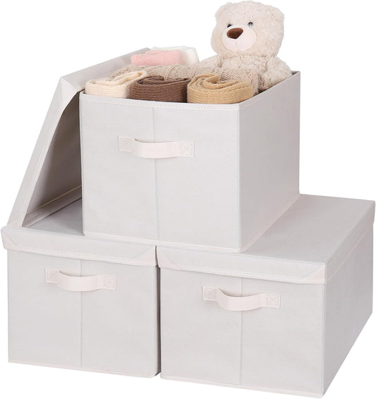 WUIKE Closet Storage Bin with Lids, Decorative Fabric Storage Bins for Clothes, Collapsible Storage Boxes for Home and Closet Organization, Beige, Extra Large, 3-Pack