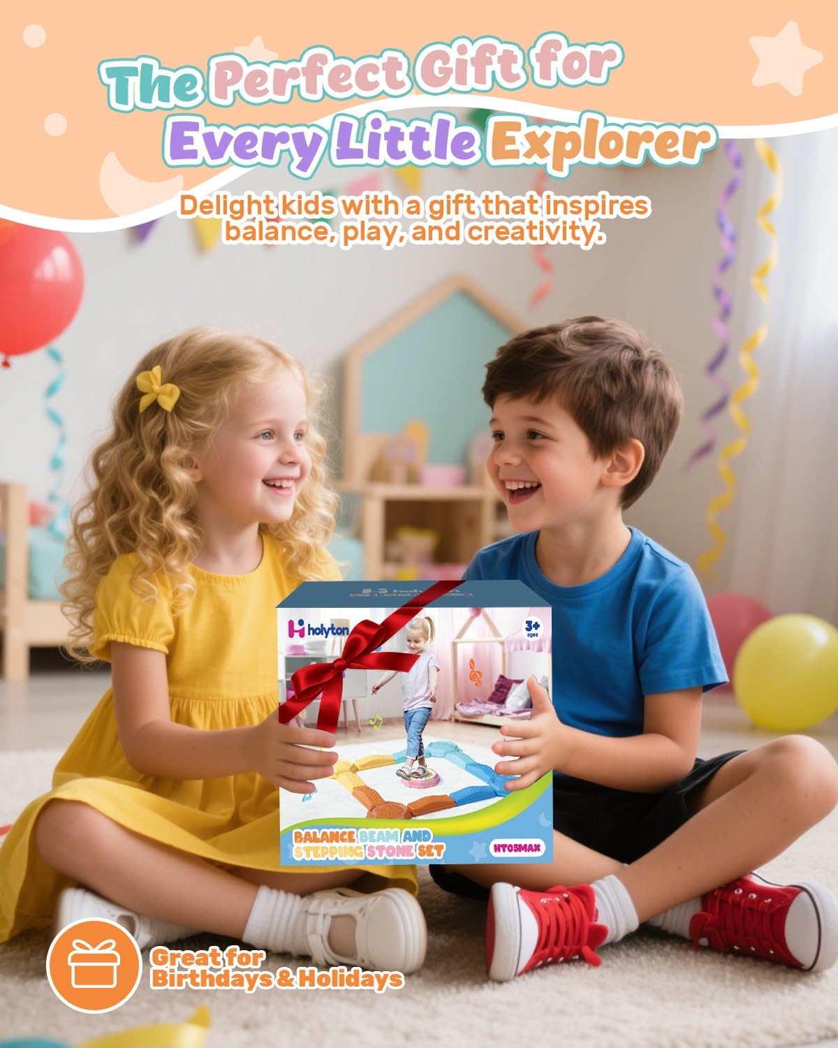 Holyton Music Light Up Balance Beam and Toddler Stepping Stones 13 Pieces, Non-Slip Plastic Balance Stackable Stepping Stones for Kids, Sensory Toys for Toddlers, Indoor or Outdoor Play, Easy Storage