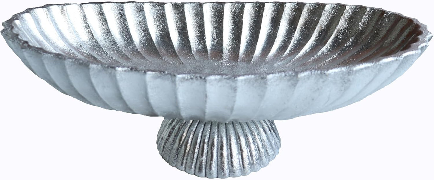 14.5" Large Decorative Long Bowl - Silvery Fluted Scalloped Decorative Bowls for Home Decor - Ruffle Decor,Stylish Key Bowl for Entry Table,Decorative Fruit Bowls for Kitchen Counter ﻿