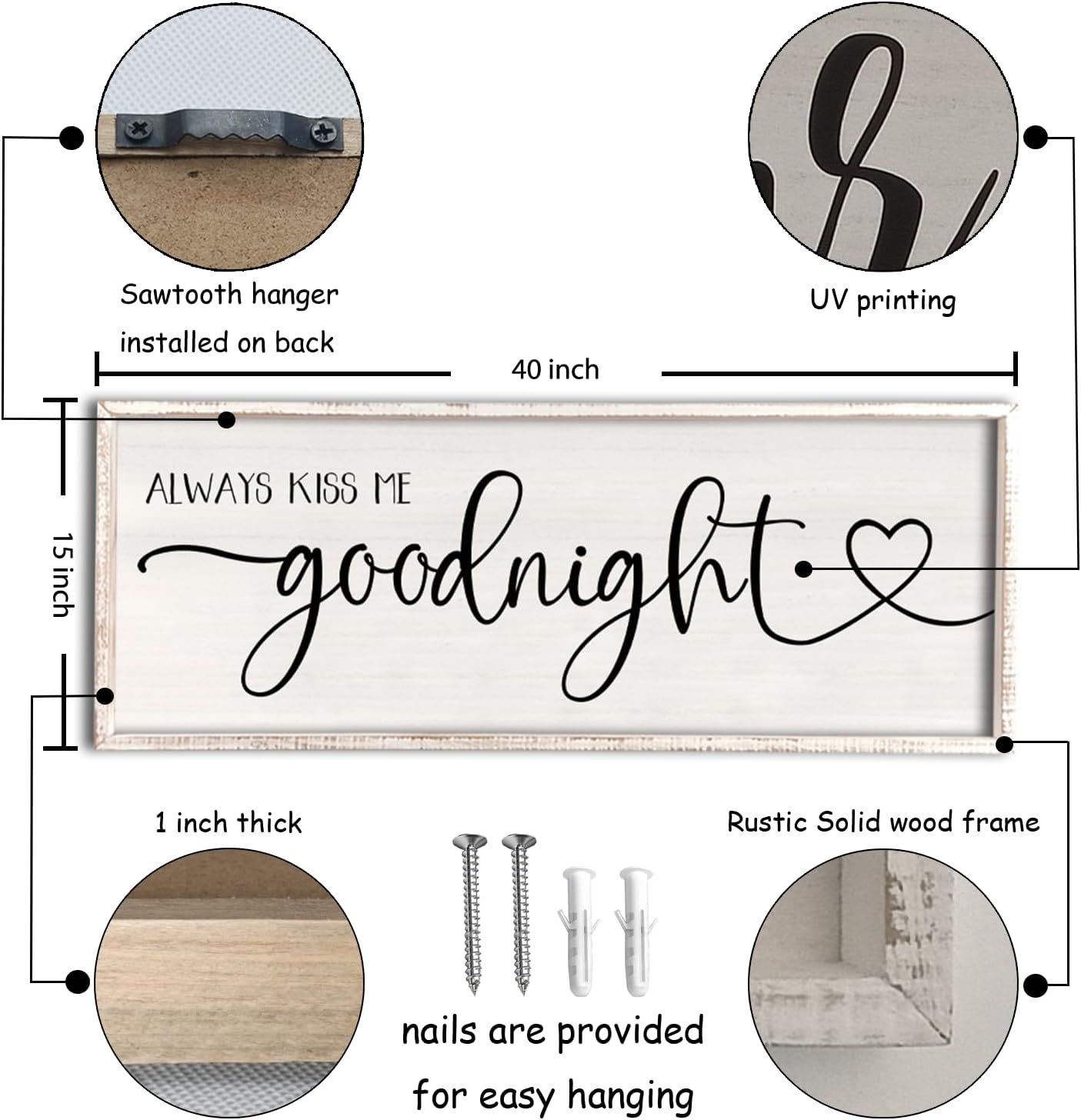 flowtorely Always Kiss Me Goodnight Wall Sign For Master Bedroom Above Bed Wall Decor 40''×15'' Large Rustic Solid Wood Frame For Farmhouse Couples Above bed Wall Art Decoration (White)