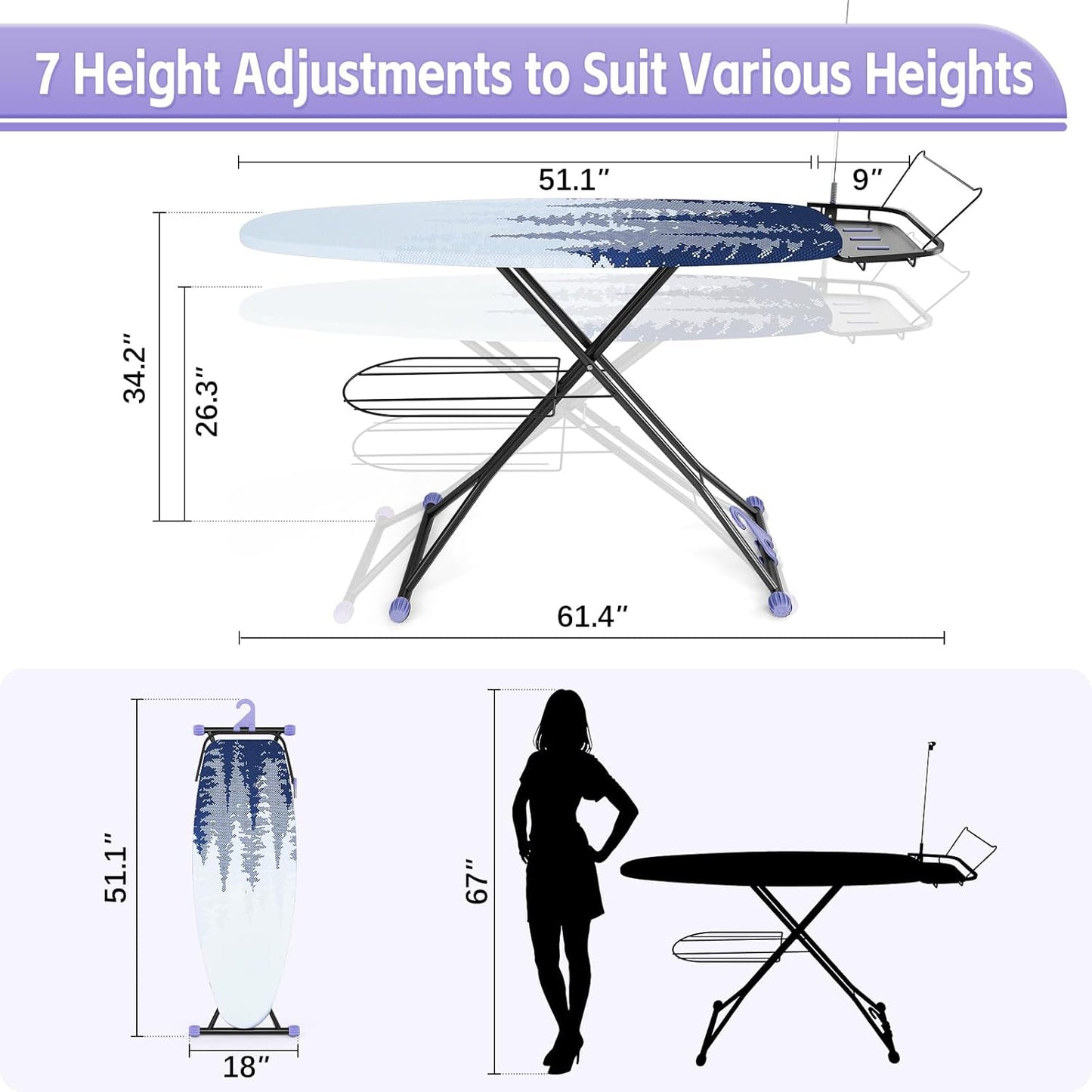 Full Size Ironing Board, 18x51 Iron Board with Metal Panel Stretchable Iron Rest, Adjustable Height Heavy Duty Heat & Scorch Resistant Cover Ironing Board, for Home, Laundry, Purple