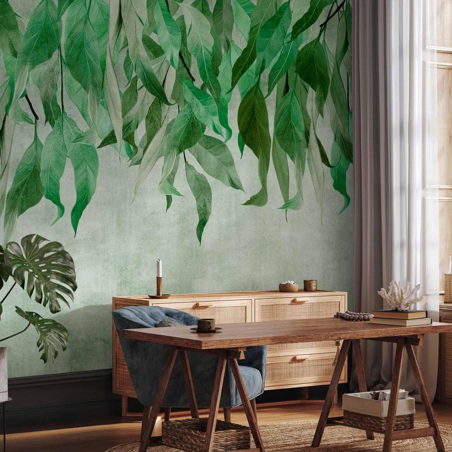 artgeist Wall Mural Hanging Leaves 96x69 in - Peel and Stick Self-Adhesive Wallpaper Removable Large Sticker Foil Wall Decor Print Picture Image Design Nature Botanical Concrete Green b-C-10146-a-a