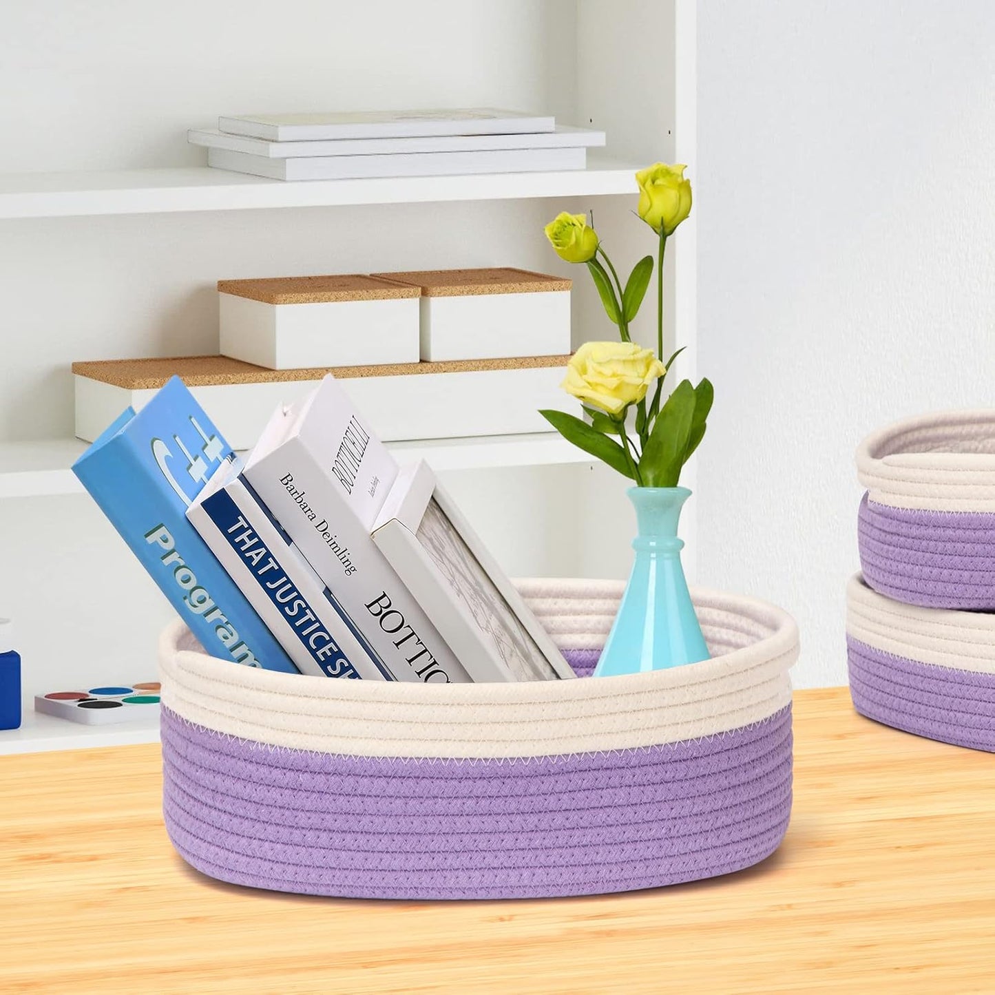 7 Piece Cotton Rope Woven Basket Set - Small Basket for Baby Nursery, Pets, Montessori, Dog & Cat Toy Boxes, Bathroom Organization Bins (White/Purple)