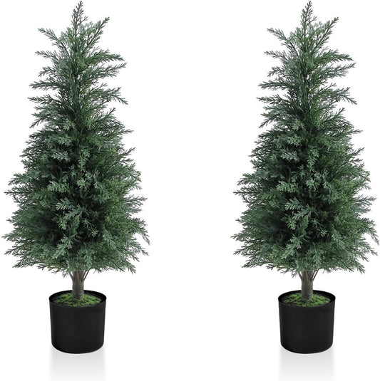 Artificial Cedar Topiary Trees 3FT Set of 2 Lifelike Faux Evergreen Cypress Bushes UV Resistant Outdoor Christmas Trees Realistic Potted Plants for Indoor Outdoor Decor