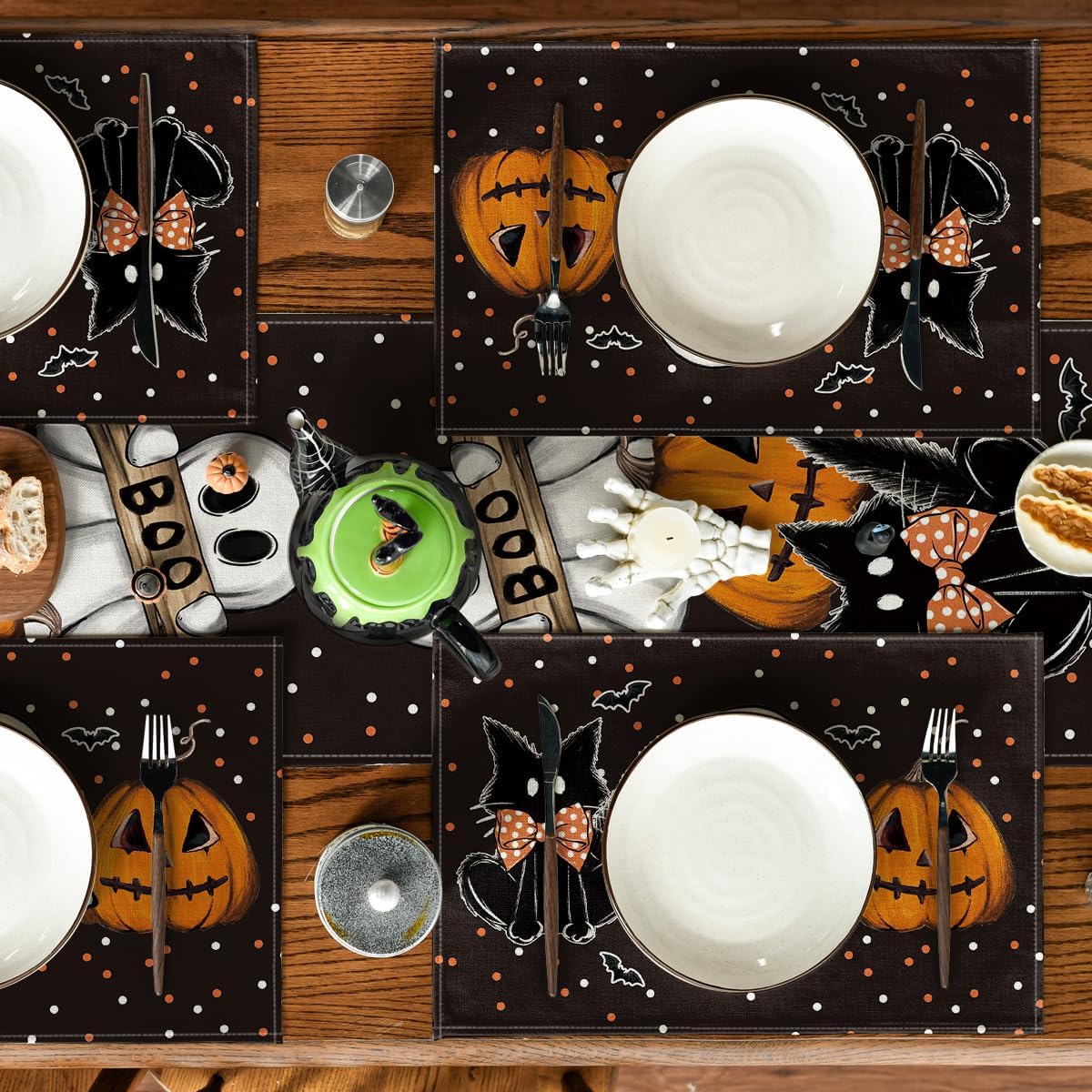 Artoid Mode Polka Dot Ghost Pumpkin Cat Boo Halloween Placemats Set of 6, 12x18 Inch Seasonal Fall Table Mats for Party Kitchen Dining Decoration