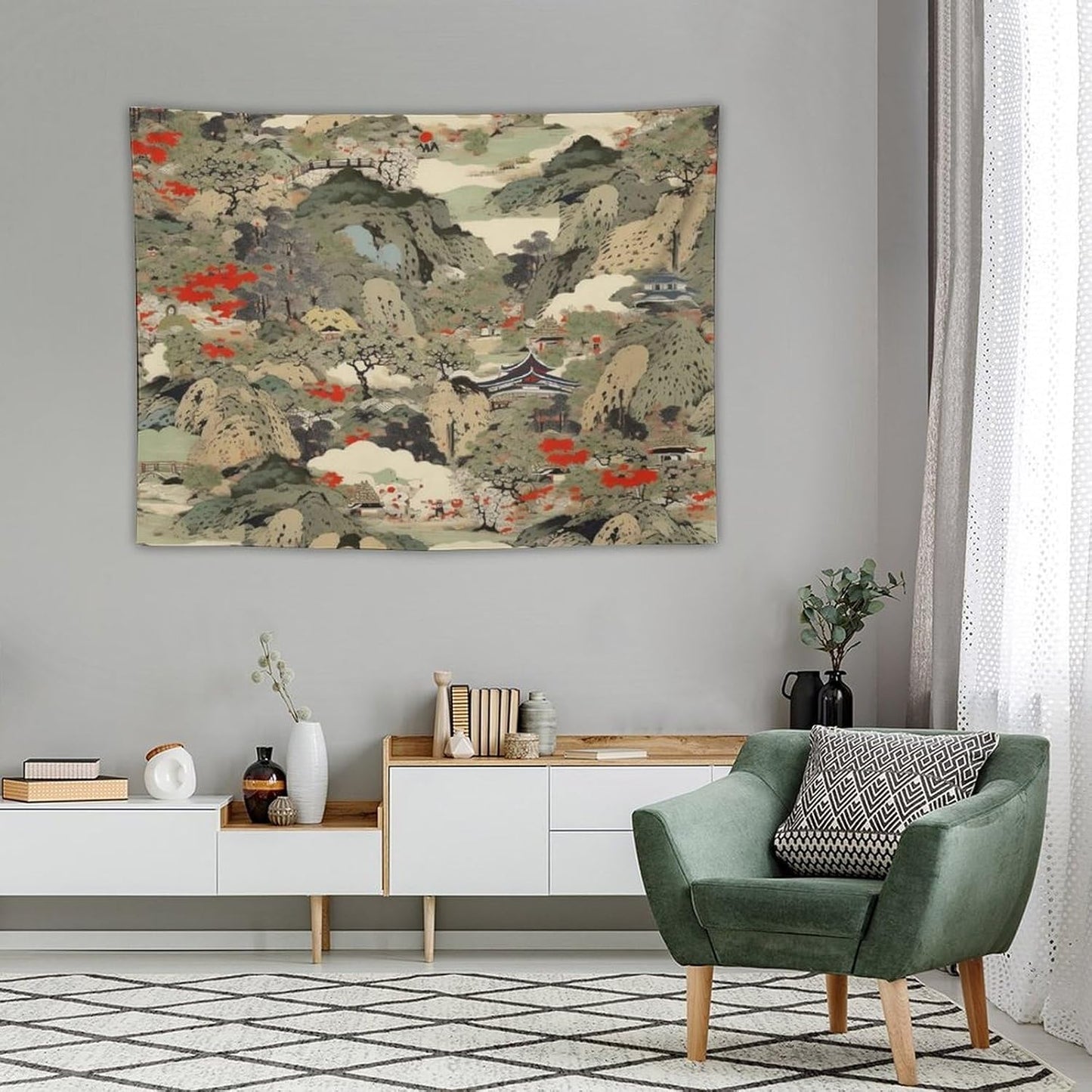 Asian Tapestry, Japanese Red Landscape, Bedroom & Living Room Decor, 40"x30"