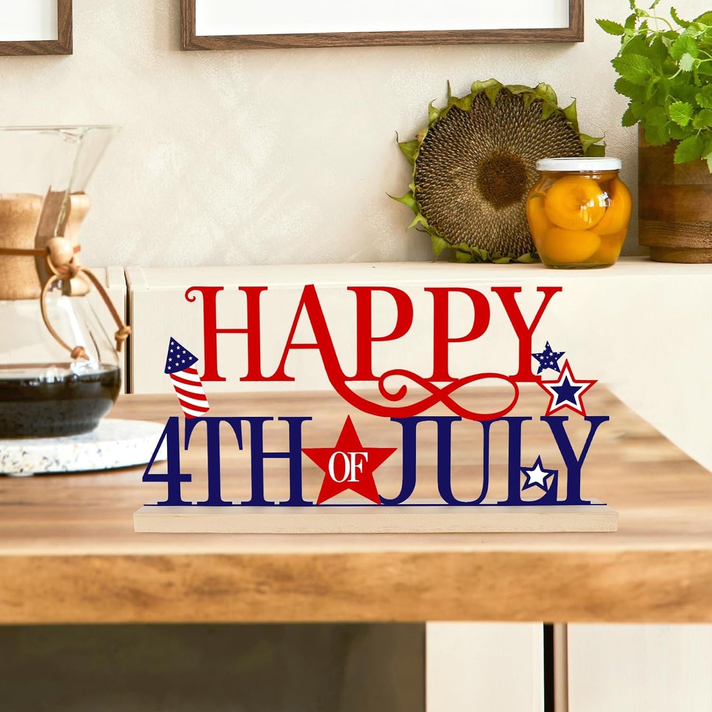 COCHIE Metal Happy 4th of July Sign, Red Blue and White Decorations for Home, Office, Shelf, Mantel, Indoor, Fouth of July Decoration, Patriotic Star Decor (Independence Day)