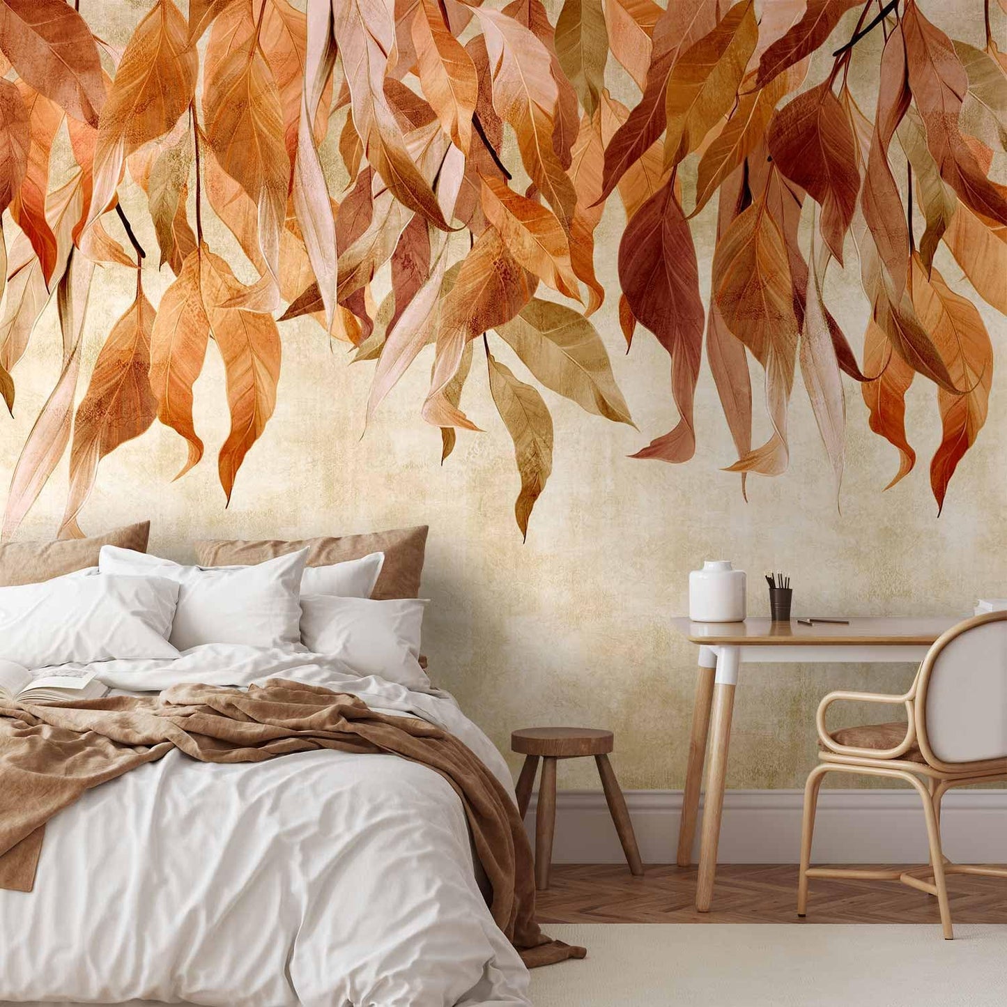 artgeist Premium Wall Mural Hanging Leaves 157x110 in - Non-Woven Wallpaper Fleece Wall Decor Photo Print Picture Image Design Nature Botanical Concrete Orange Beige b-C-10146-a-c
