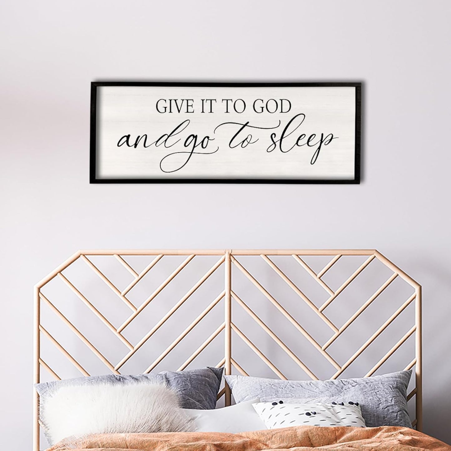 comurdyo Give It To God And Go to Sleep Sign 40''×15'' Master Bedroom Above Bed Wall Decor Wood Framed Couple Large Farmhouse Guest Room Rustic Simple Over Bedside Wall Art Hanging Decor (Black)