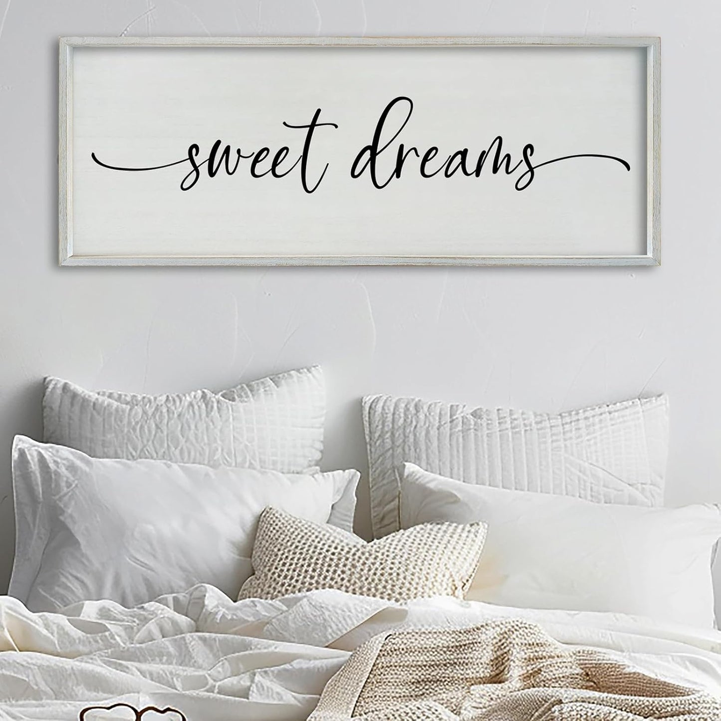 SRSZHIYUE Sweet Dreams Above Bed Wall Decor, 40"x15" Large Rustic Master Bedroom Over Bed Sign Guest Room Couples Wood Framed Farmhouse Horizontal Hanging Decoration (White)