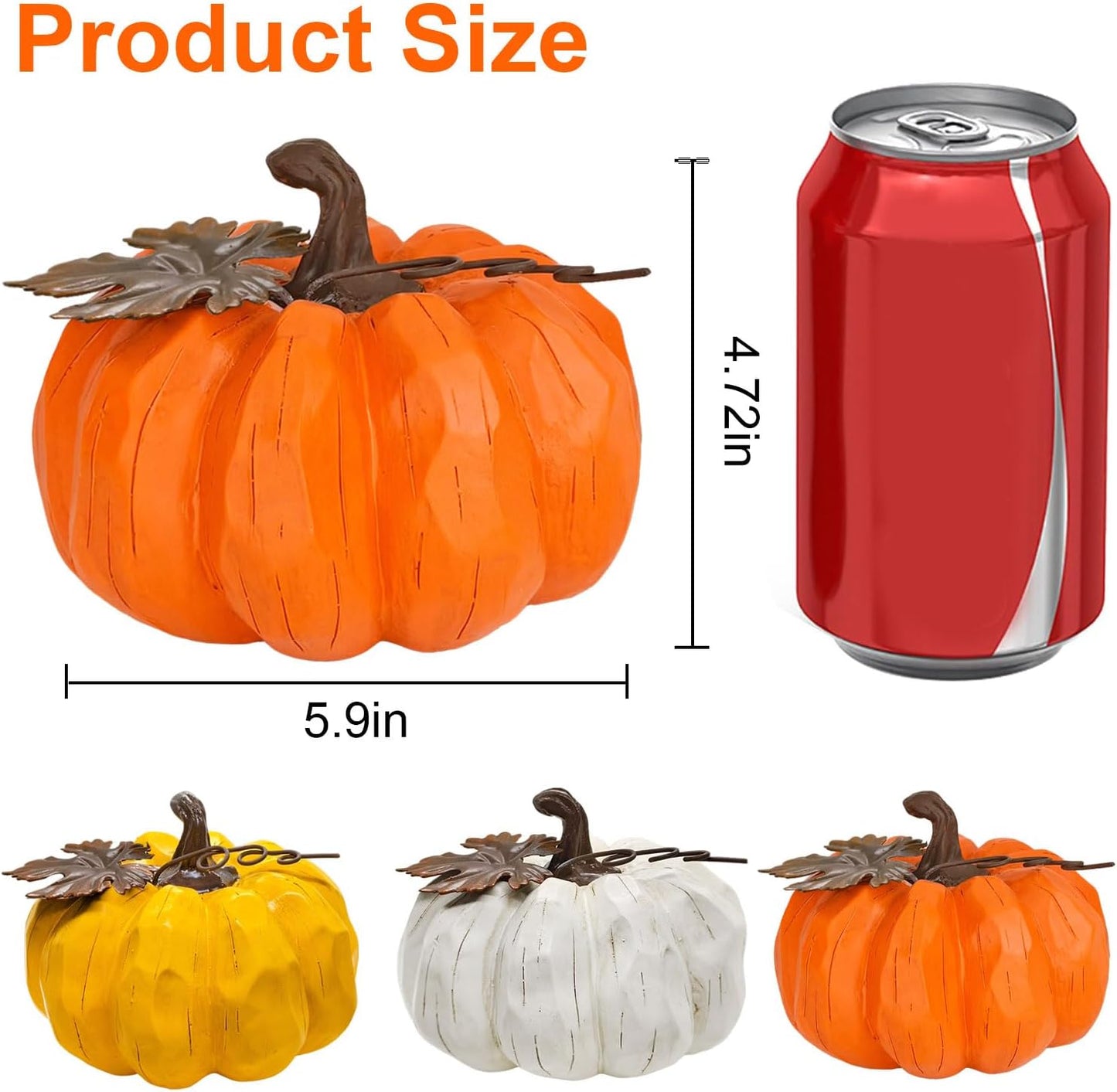 Large Pumpkin Decor Fall Decor, 3PCS Resin Pumpkins Thanksgiving Decorations with Metal Maple Leaf,5.9Inch Artificial Pumpkins for Home, Farmhouse, Mantel, Centerpiece Table Decorations