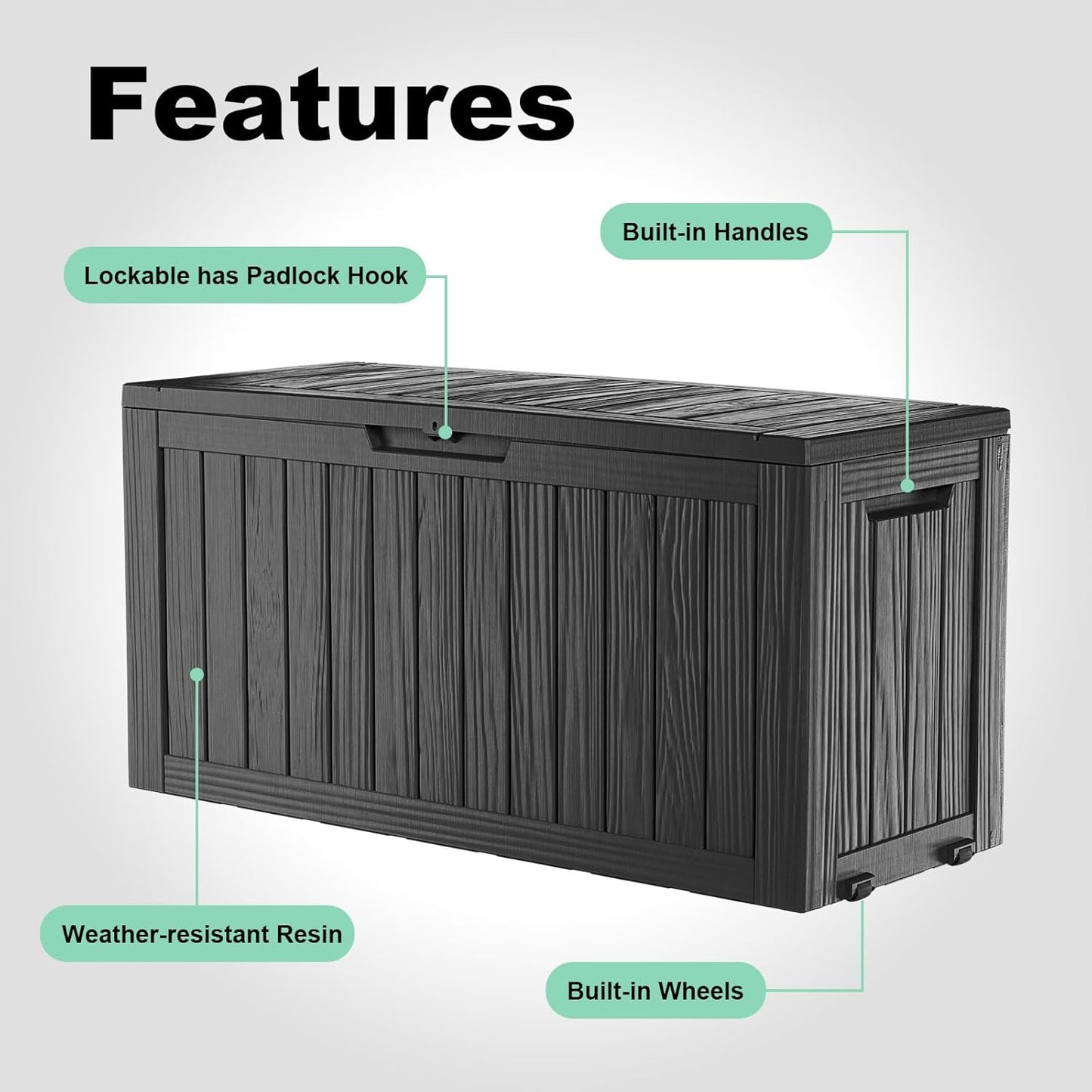 75 Gallon Resin Deck Box, Lockable Outdoor Storage Box for Patio Cushions Storage Furniture,Garden Tools, Pool Supplies, Weatherproof and UV Resistant（Black）