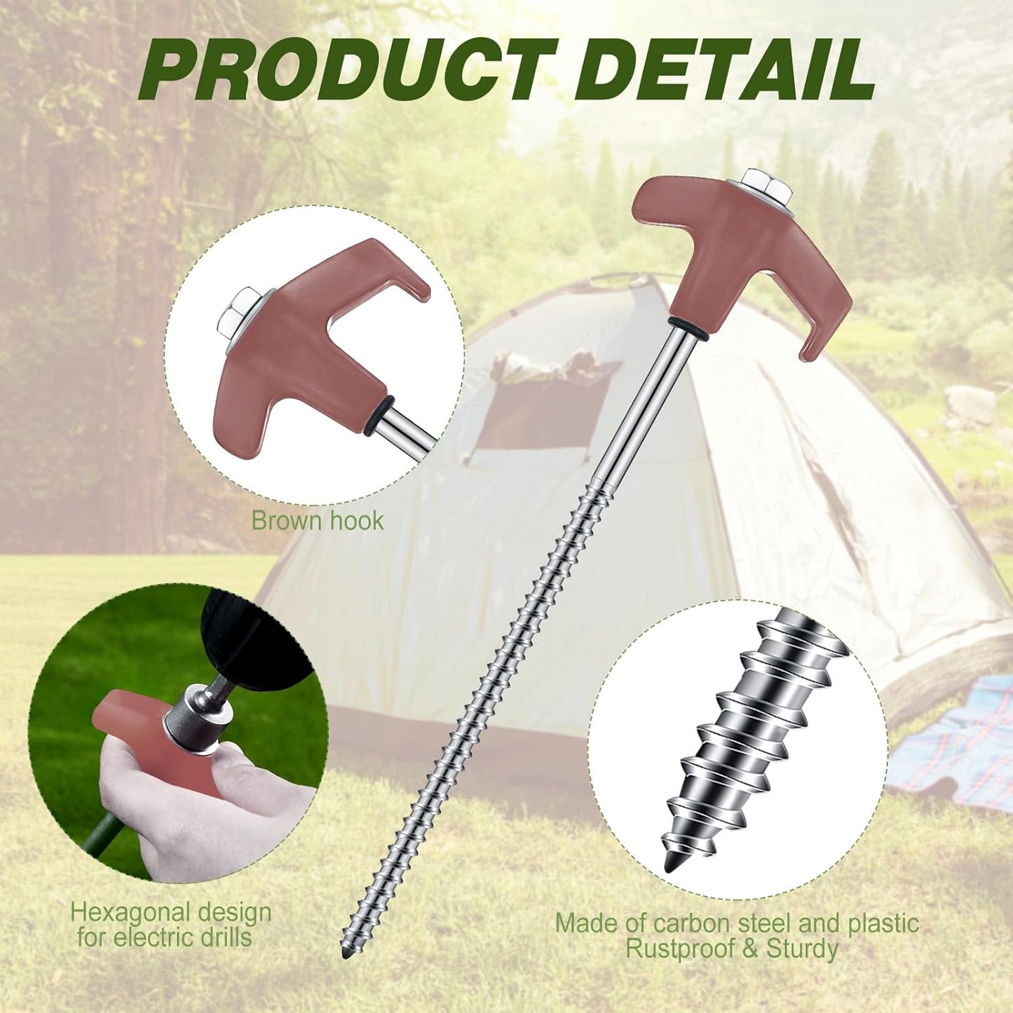 Hicarer 20 Pcs 20 Pcs 8'' Screw in Tent Stakes Heavy Duty Ground Metal Stakes for Inflatables with Hex Head Driver for Outdoor Camping Tent Inflatable Garden Decor (Brown)