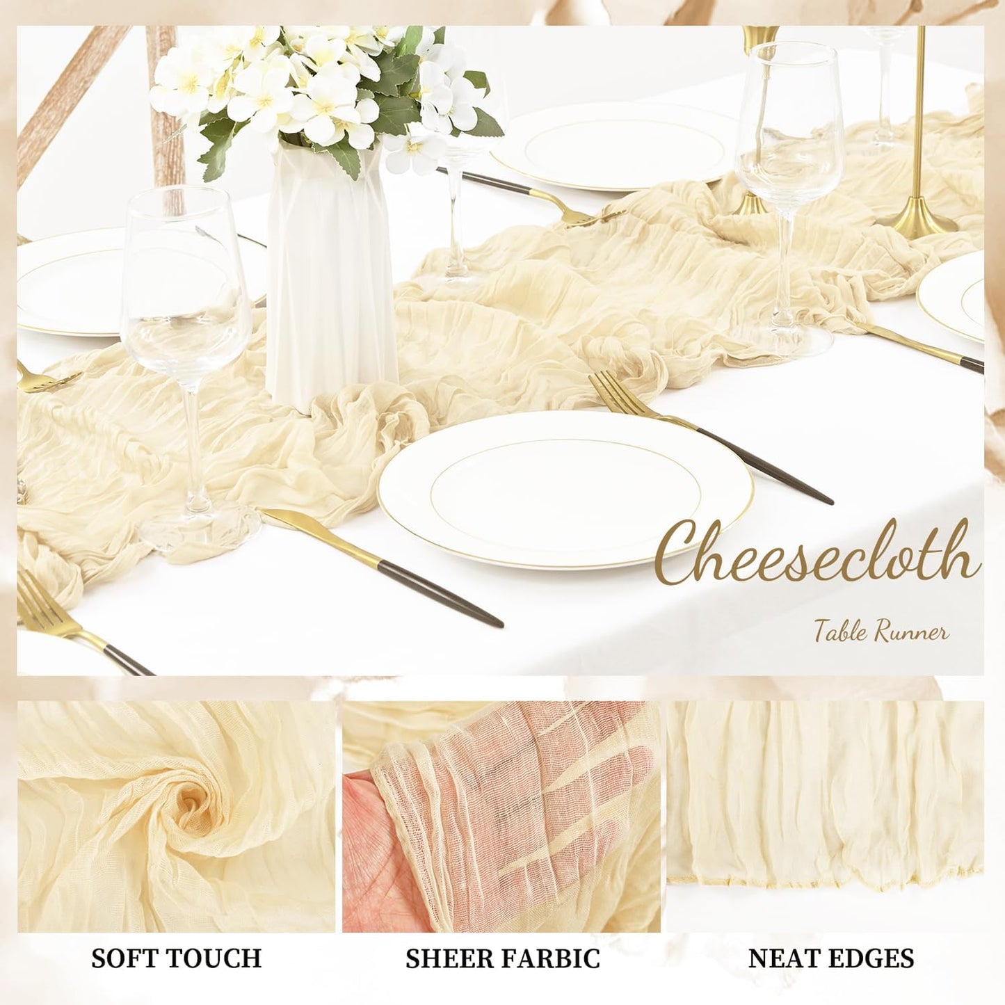 10FT 12 Pack Beige Cheesecloth Table Runner 20 x 120 Inch Long Rustic Gauze Fabric Cheese Cloth Table Runner for Wedding Bridal Baby Shower Table Decorations Boho Sheer Birthday Party Table Decor