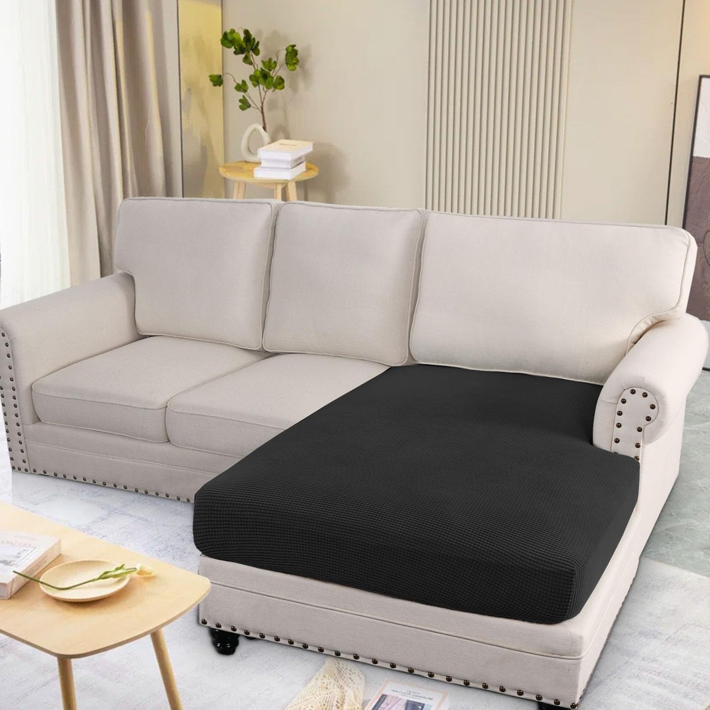 H.VERSAILTEX Super Stretch Individual Chaise Cover Sectional Couch Covers for L Shaped Sofa Both Left/Right Featuring Thick Jacquard Textured Twill Fabric (1 Piece Chaise Cover Large, Black)