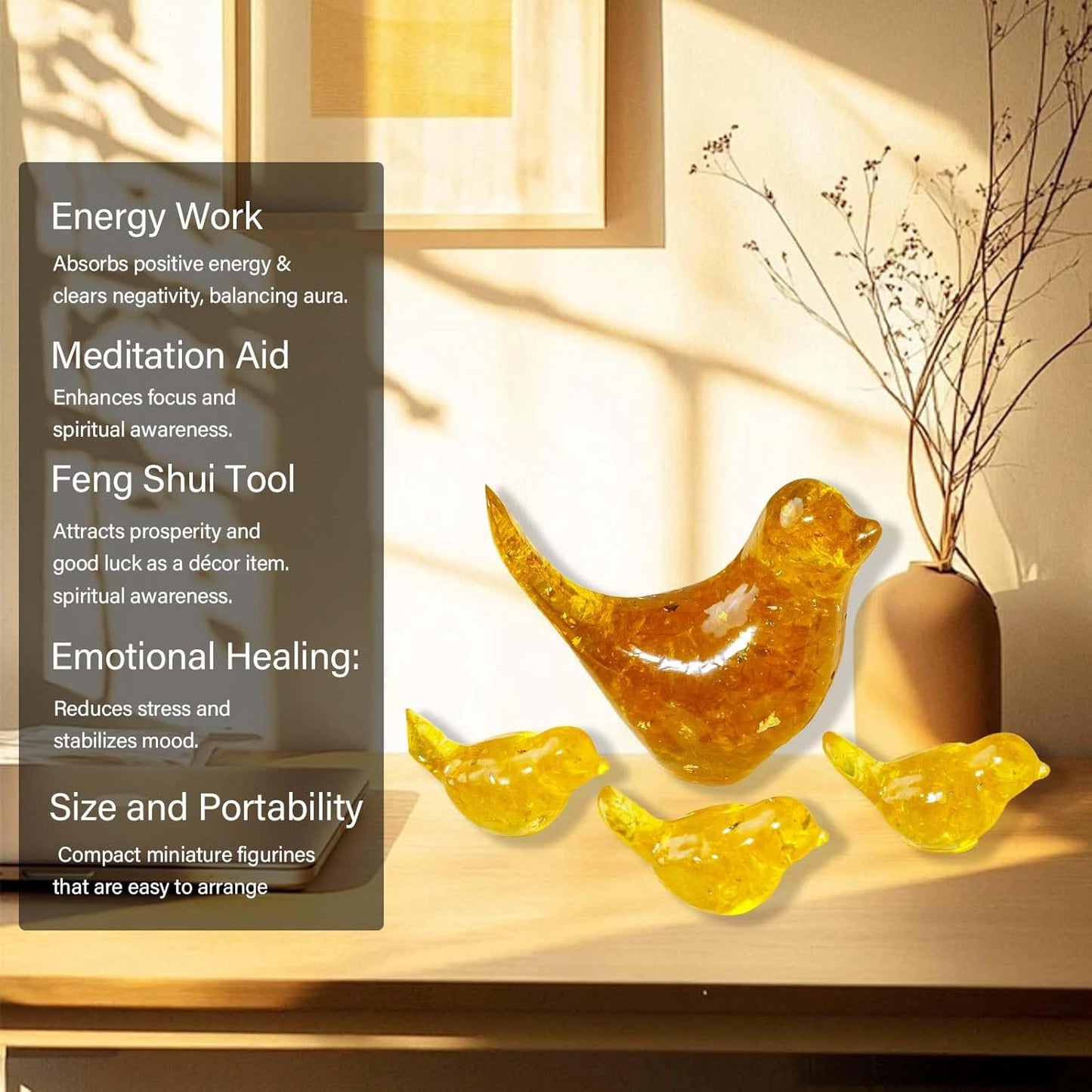 Crystal Bird Figurines, Resin Animal Statues, Miniature Decorative Gravel Birds, Home Decor (4PCS-Citrine)