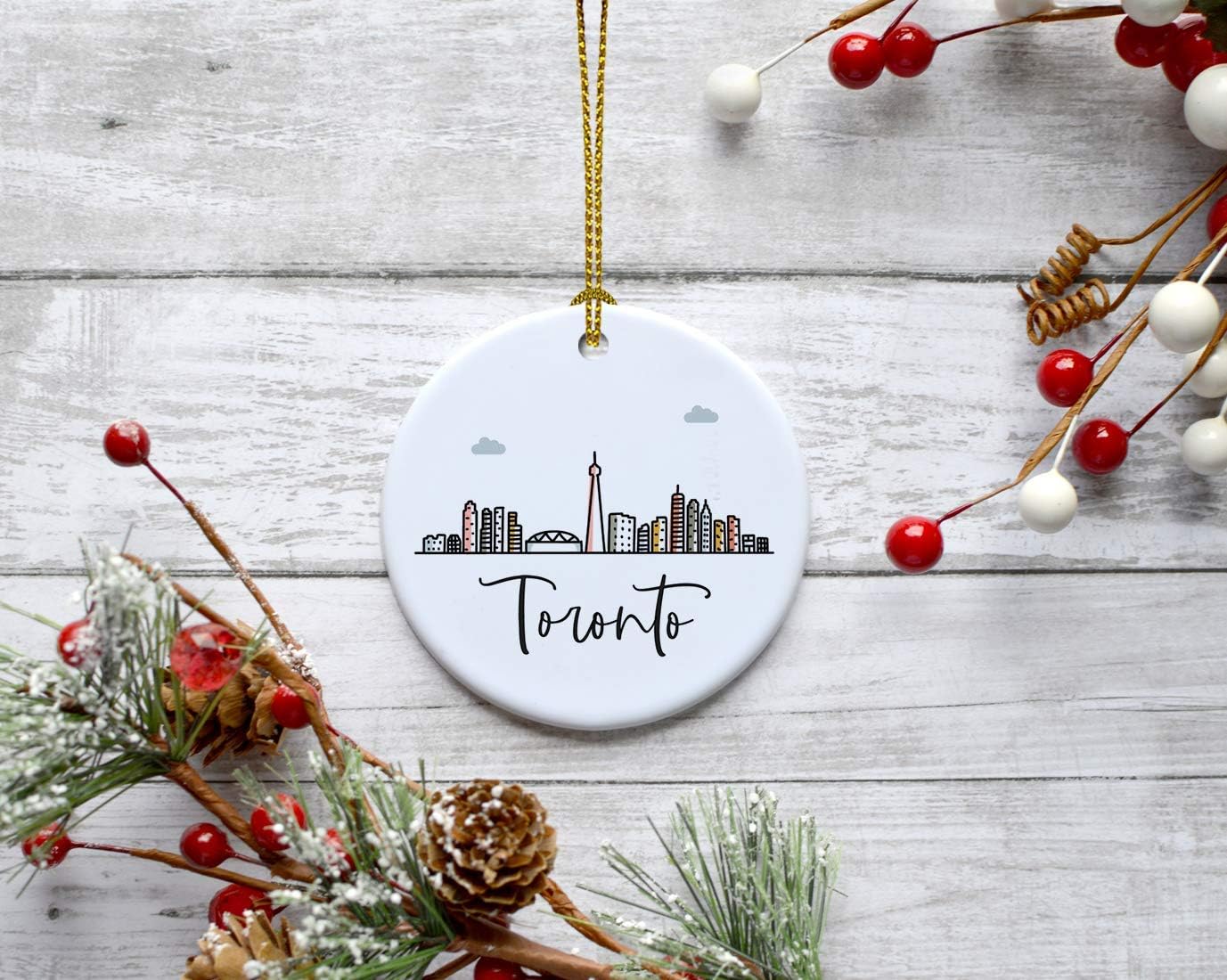 Andaz Press Round Ceramic Porcelain Christmas Tree Ornament Keepsake Gift, Toronto, Colorful International City Skyline Graphic, 1-Pack, Birthday Ideas Family Coworker Him Her, Gift Box