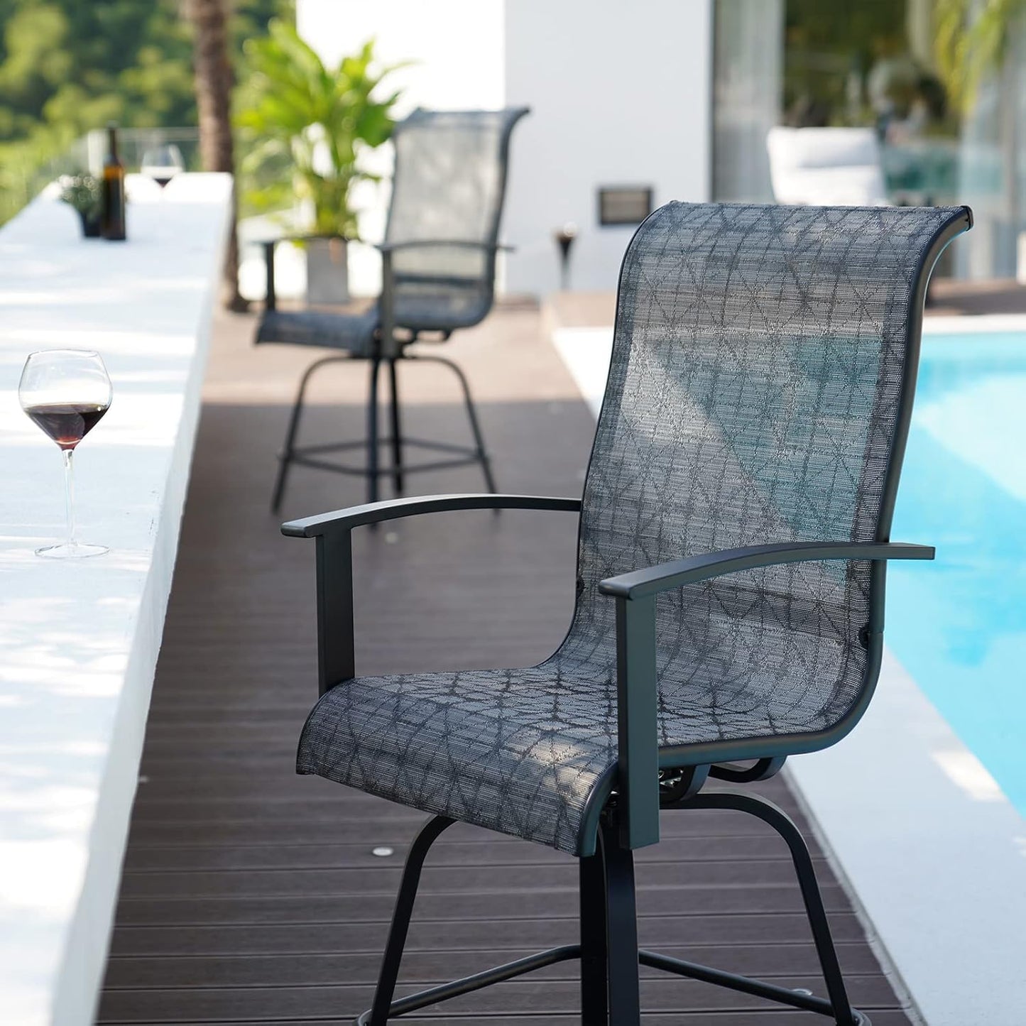 Grand patio Counter Height Outdoor Swivel Bar Stools Set of 2, Patio Bar Chairs with Arms Backs for Porch Balcony, Poolside, Deck (Black&Grey Plaid, 2PC)