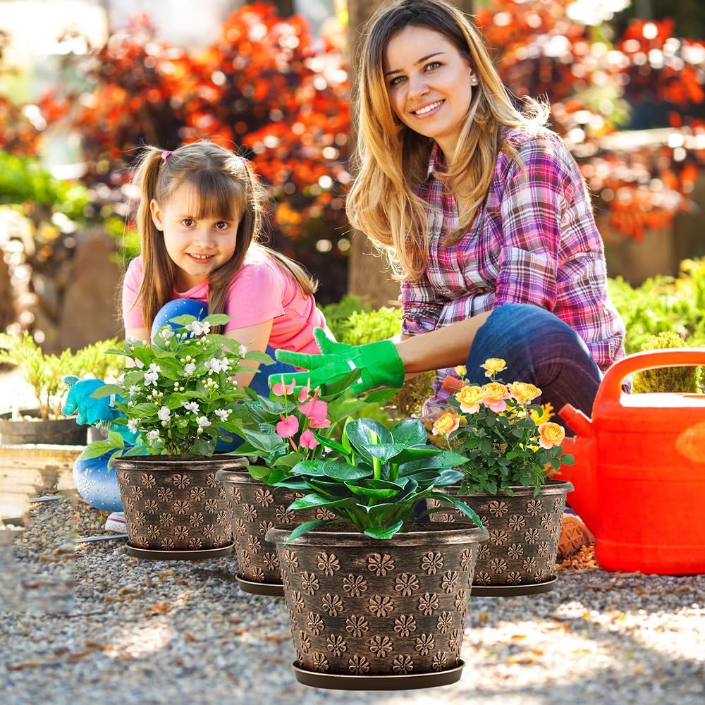 12 Inch Planter Pots for Plants, Plastic Large Flower Pots Indoor Outdoor, 4 Pack Resin Plant Pot with Drainage & Saucer, Retro Decorative Garden Pot with Removable Trays for House