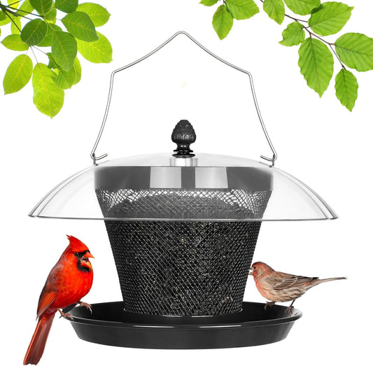 Veehoo Bird Feeders for Outdoors Hanging-Cardinal Bird Feeder with Weatherproof Dome, Wild Meta Finch Feeder for Outside 2.5 lbs Sunflower Seed Capacity, Black