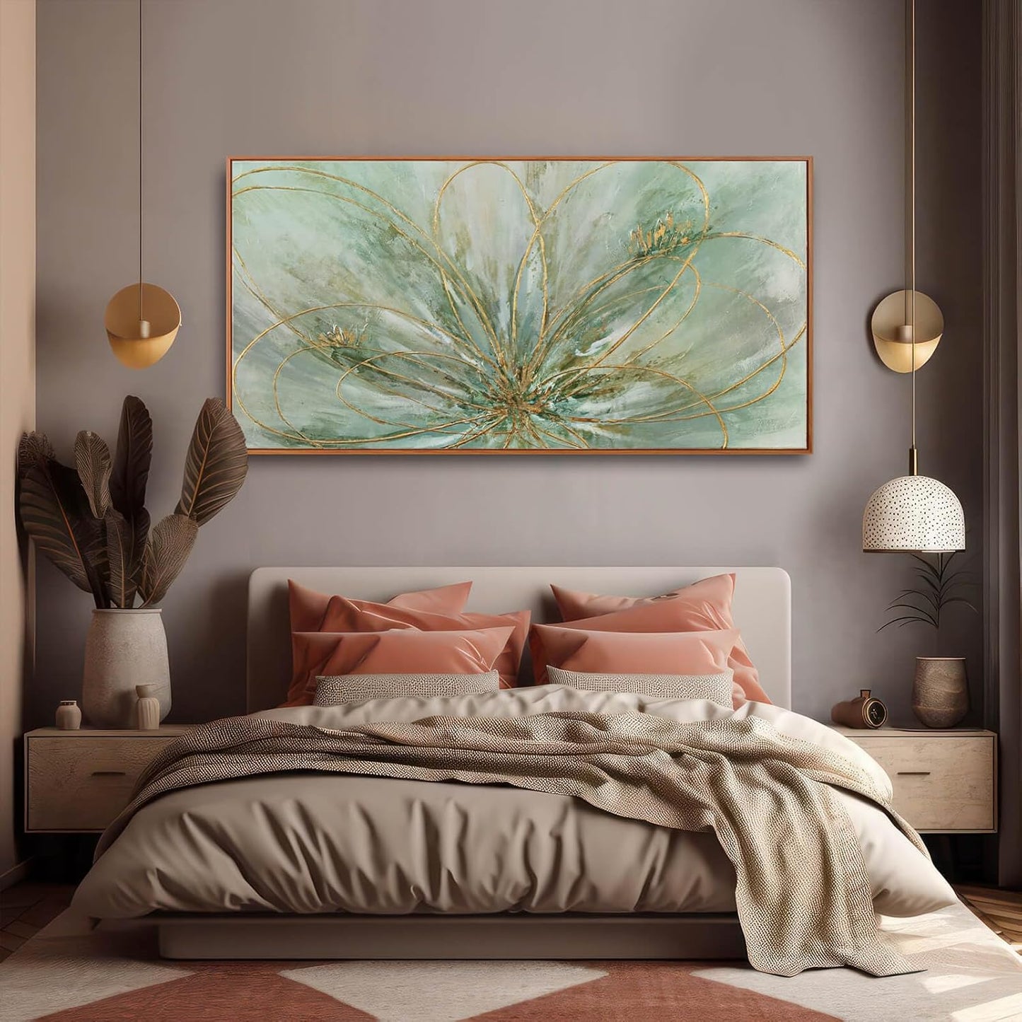 Framed Canvas Prints Gold Line Poster Abstract Wall Ar Green Pictures Wall Decor 29"x 58" Modern Artwork Large Wall Decorations for Living Room Home