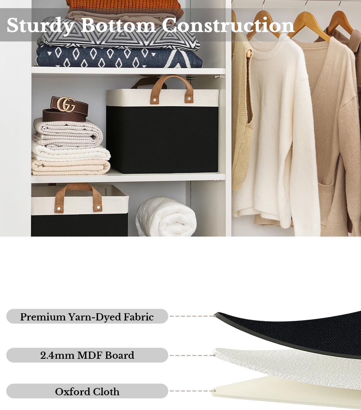 StorageWorks Storage Bins, Fabric Storage Bins for Shelves, Large Storage Baskets with Metal Frame, Closet Baskets and Bins with Handles, Black and White, 2-Pack