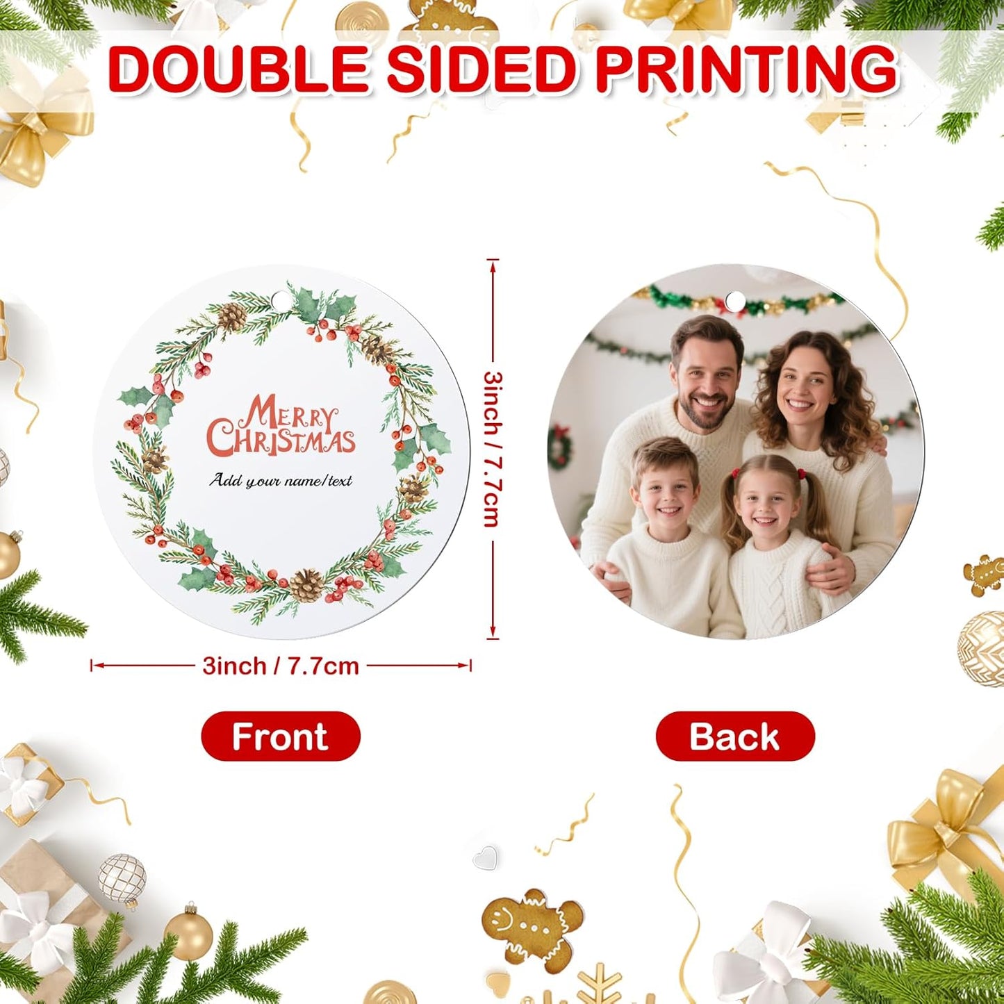 Personalized Photo Christmas Ornaments Double-Sided Metal Custom Picture Christmas Ornament 2024, Customized Xmas Tree Decorations Memorial Gifts for Kids Couples Family Friends Pet