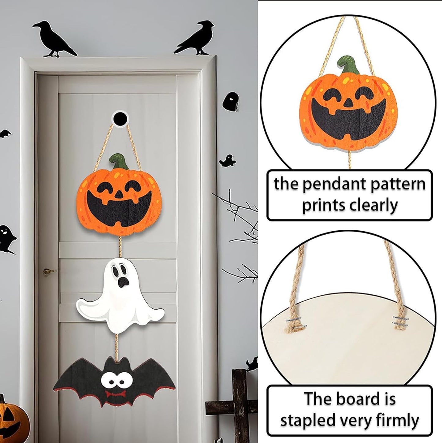 Halloween Cute Hanging Wall Plaque Sign Wall Art Plaques Decoration with Pumpkin Ghost Bat Pattern 3 Pieces Wooden Wreaths Plaques for Front Door Home Outdoor Yard Art