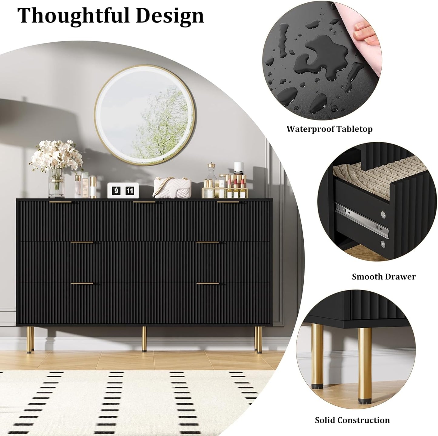 7 Drawers Dresser for Bedroom, Fluted Dresser Chest of Drawers with Gold Handle, Wood Modern Dressers for Closet, Bedroom Furniture Storage Organizer for Living Room, Hallway