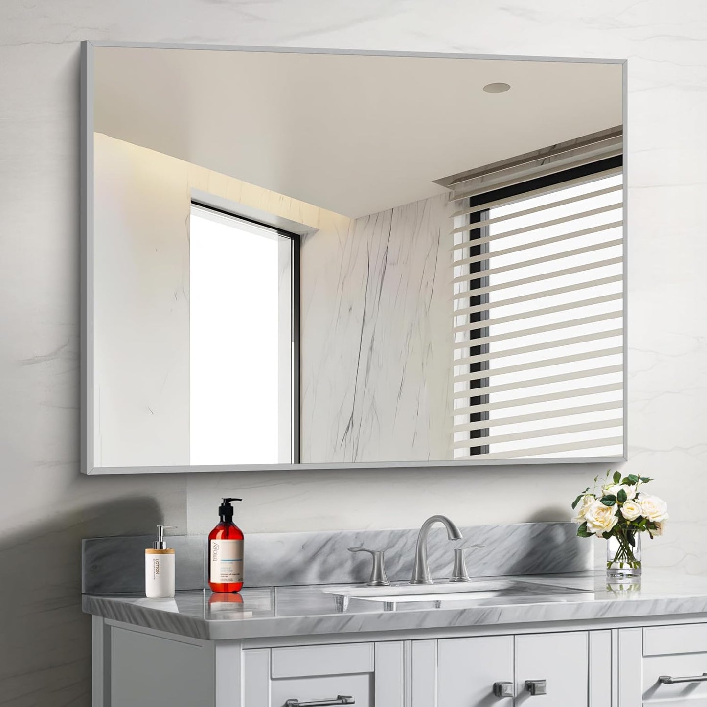 30x40In Silver Bathroom Mirror for Wall, Brushed Nickel Rectangle Mirrors with Metal Frame, Bathroom Rectangular Mirror Modern Wall Mirror for Bedroom Living Room, Hangs Horizontal or Vertical