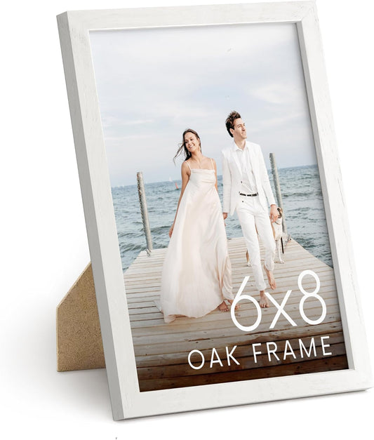 HAUS AND HUES 6x8 White Oak Wooden Picture Frame - 6x8 Poster Frame - Premium Oak, Vertical Hang, Shatterproof Plexiglass - Ideal for Home, Room, Office (6x8 in, White)