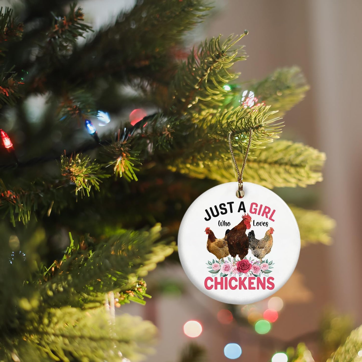 Christmas Chicken Ornaments, Chicken Gifts for Girls Chicken Lovers Women, Chicken Mom Lady Gifts, Just a Girl Who Loves Chickens Ceramic Christmas Xmas Ornament Keepsake Decorations
