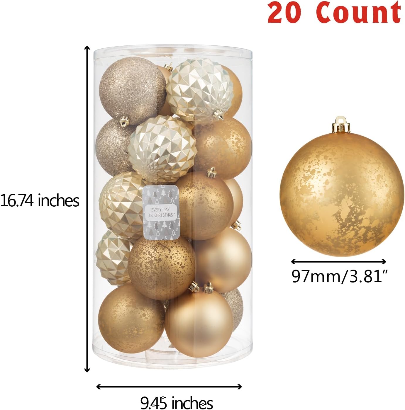 Every Day is Christmas 20ct Christmas Ornaments, Shatterproof Christmas Tree Ornaments Set, 92cm/3.6" Christmas Balls Decoration