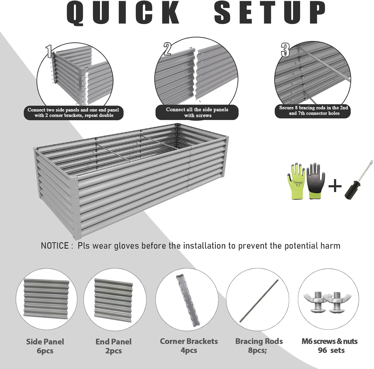 1 Pack 8x3x2FT Galvanized Raised Garden Bed Kit Retangular Metal Ground Planter Box Outdoor Bottomless Planter Raised Beds for Vegetables Flowers Herbs Fruits, Gray