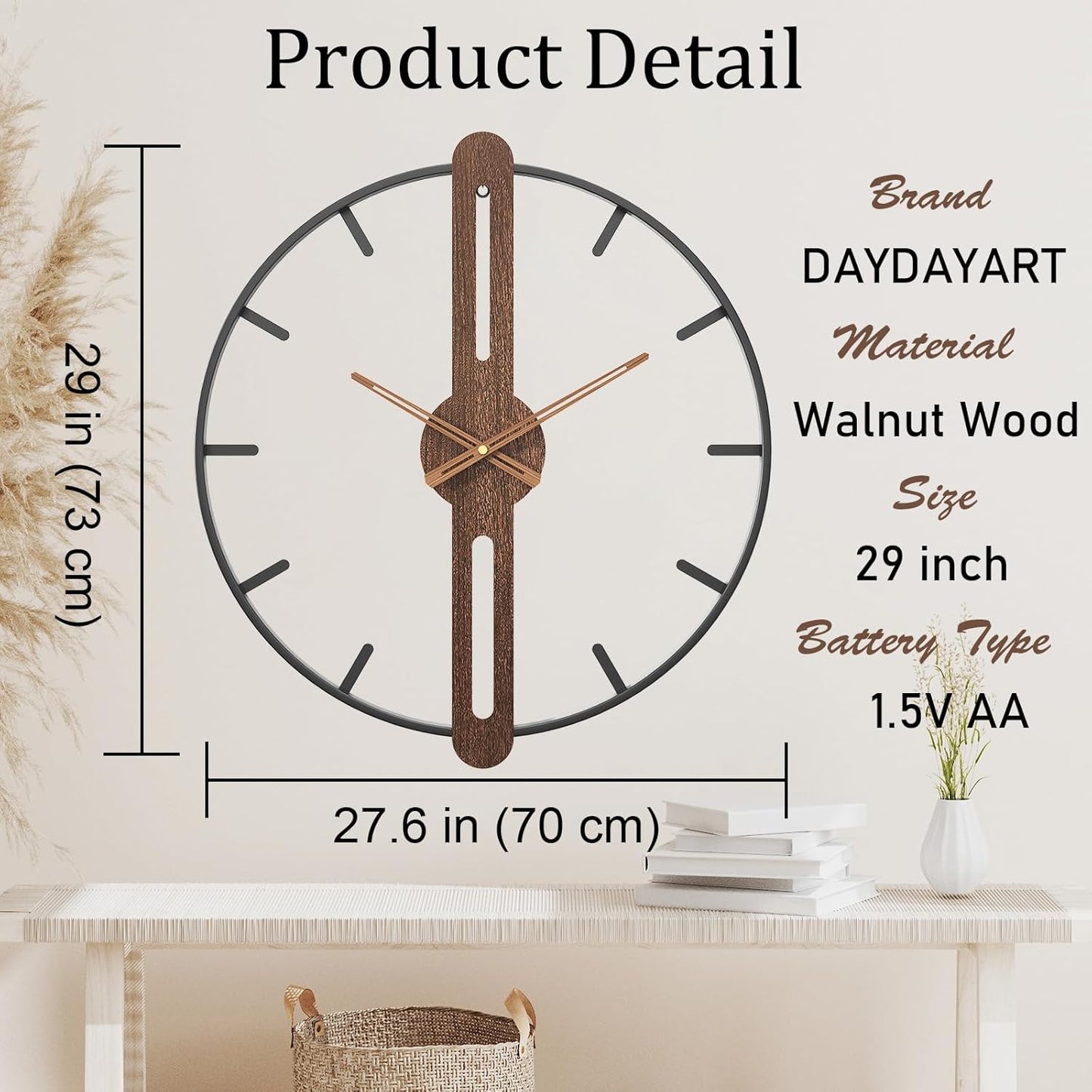 Modern Walnut Dial Wall Clock, Wood Large Wall Clock Decor Metal Frame Silent Non Ticking for Living Room, Bedroom, Kitchen, Study Decoration, Handmade Home Gift Idea, 28 in (70 cm)