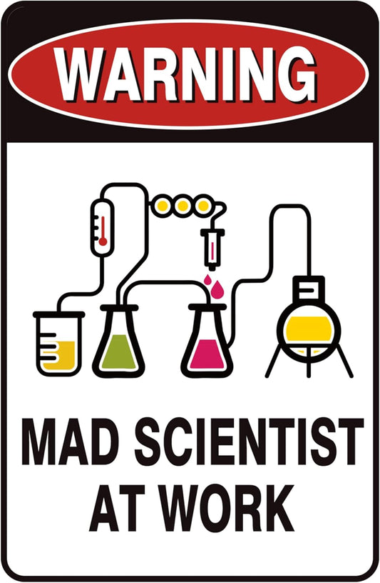 Vintage Tin Sign Retro Metal Funny Warning Mad Scientist At Work Signs for Home Decor Stylish Wall Art Plaques Gift for Bathroom Kitchen and Gothic Wall Decor in Every Room 12x8 in
