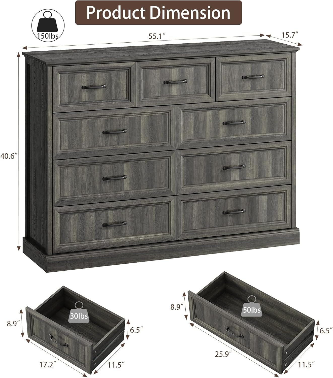 CARPETNAL Farmhouse 9 Drawer Dresser for Bedroom, 55 Inch Wide Modern Grey Dresser TV Stand with Large Drawers & Bar Handles, Rustic Wood Chest of Drawers for Bedroom, Living Room, Hallway, Entryway.
