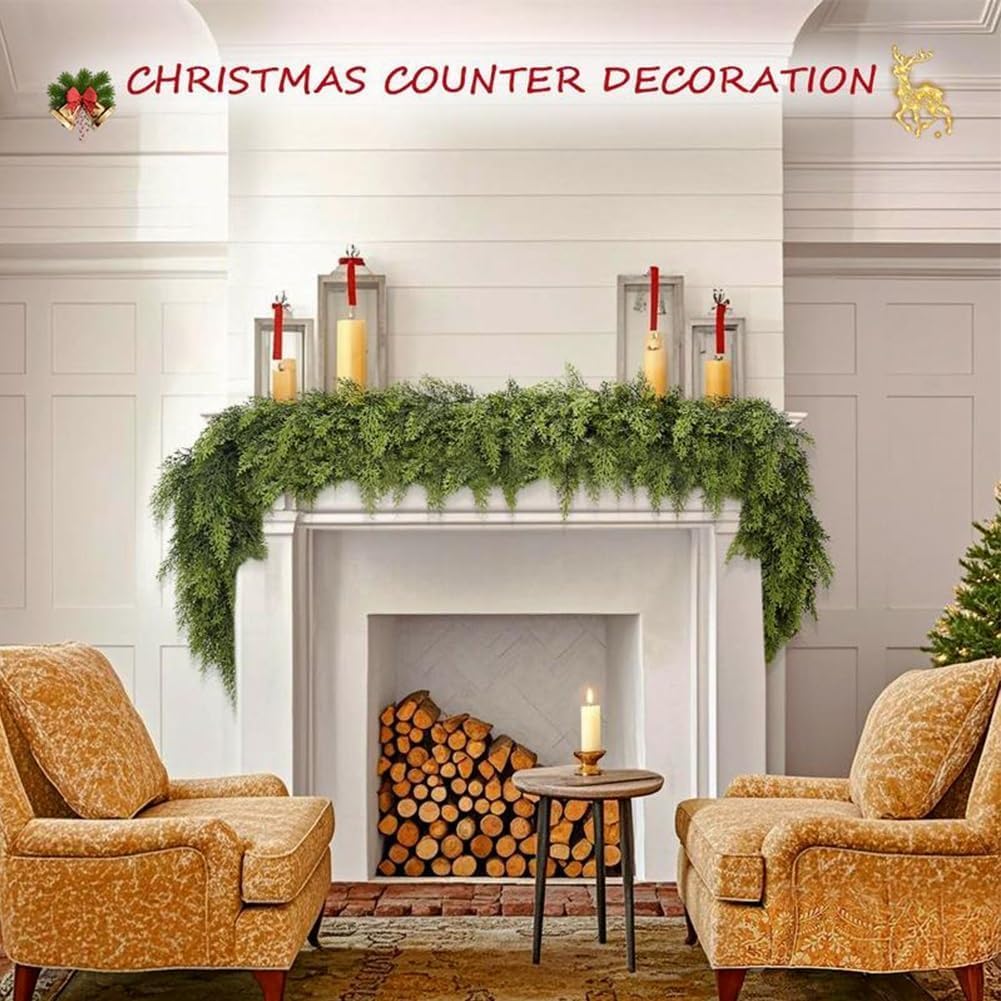 6 Ft Artificial Cedar Garlands – Real Touch Winter Greenery, Realistic Artificial Cedar Tree Christmas Pine Garland Decorations for Table Mantle Wall Indoor Fireplace Holiday Party (6ft, 2)