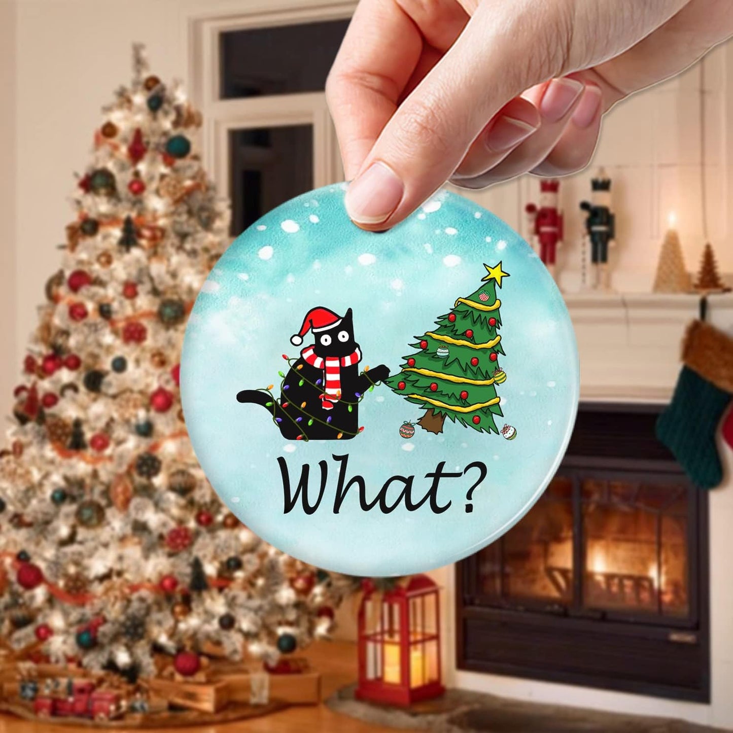 OASSIE Funny Black Cat Gifts for Women Men - Ceramic Christmas Ornaments 2025 for Tree Decorations - Christmas Cat Lover Gifts for Women Animal Lovers, Funny Ornaments, White Elephant Gift Ideas