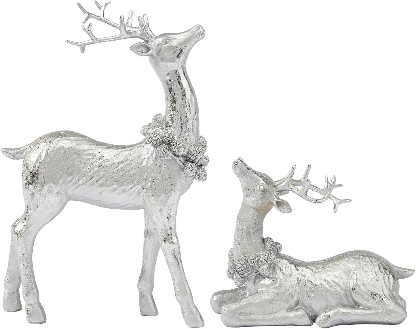 DN DECONATION Christmas Reindeer Figurines, Winter Deer Small Statues Decor, Silver Decorative Reindeer Sculptures, Resin Xmas Holiday Home Décor Accents for Office Living Room & Bedroom 2PCS